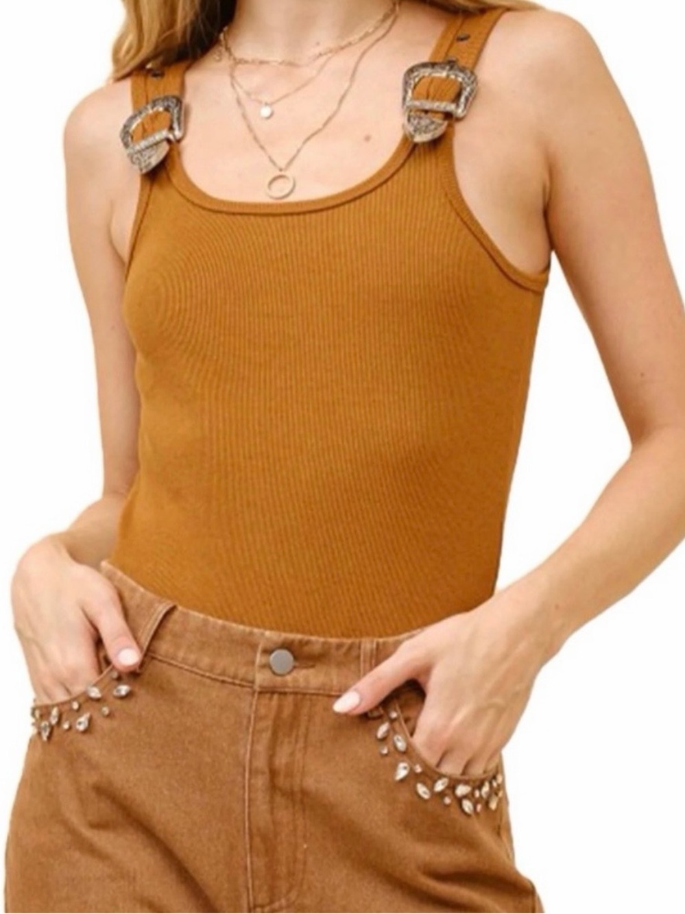 blue b Camel Brown Ribbed Silver Metal Buckle Strap Western Snap Bodysuit Tank S